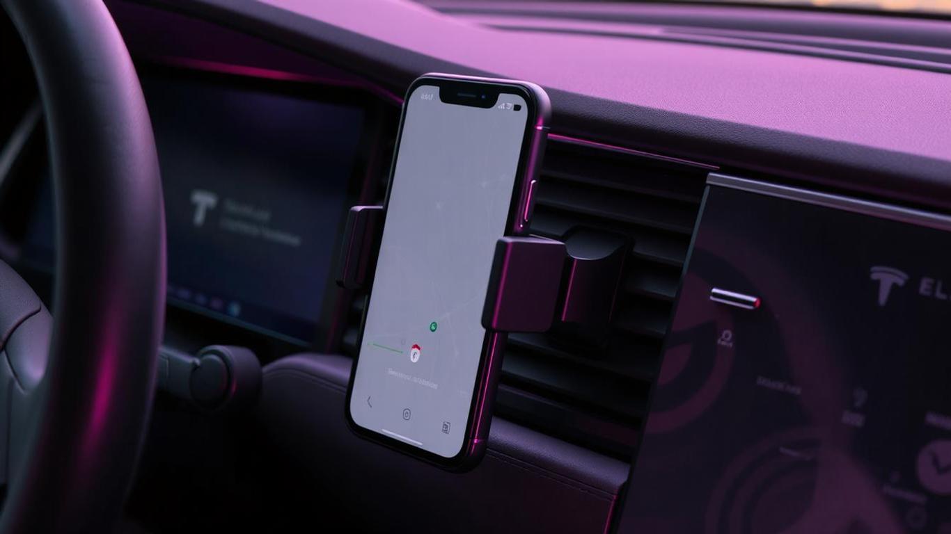 A vent-mounted phone holder securely attached to the air vent of a Tesla Model 3 Highland. The mount grips a smartphone with adjustable clamps, showing a stable hold without obstructing airflow. The minimalist Tesla dashboard design is visible, with the phone screen displaying a navigation app. The mount is compact, with a matte black finish that complements the car’s clean interior