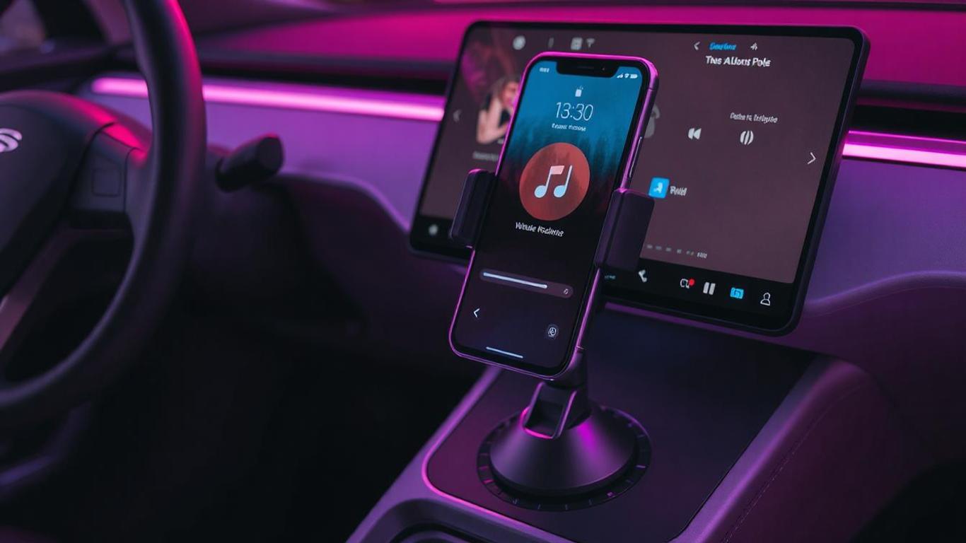 A Tesla Model 3 Highland interior showing a phone mount placed in the center console cup holder. The mount features an adjustable neck, holding a smartphone securely in portrait orientation. The image highlights the stability of the mount, with the clean, uncluttered dashboard visible in the background. The mount’s base fits snugly into the cup holder, and the phone screen shows a music app