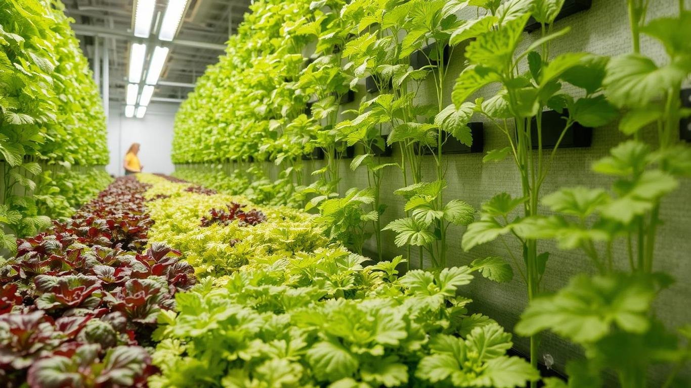 A vibrant vertical farm with rows of crops growing indoors under artificial lights 