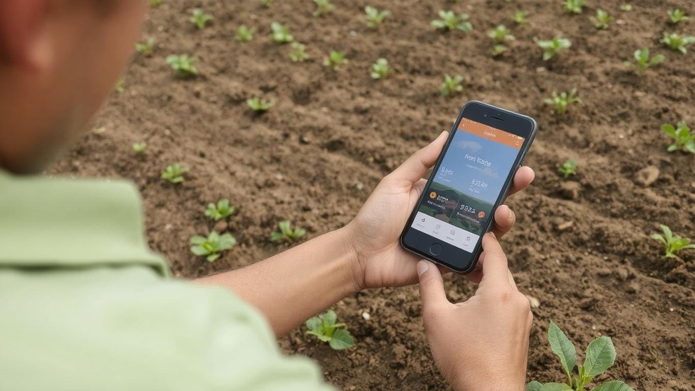 A farmer using a mobile app to monitor soil health and weather conditions in real-time \\ Smart agricultural technology, including drones and sensors monitoring crops