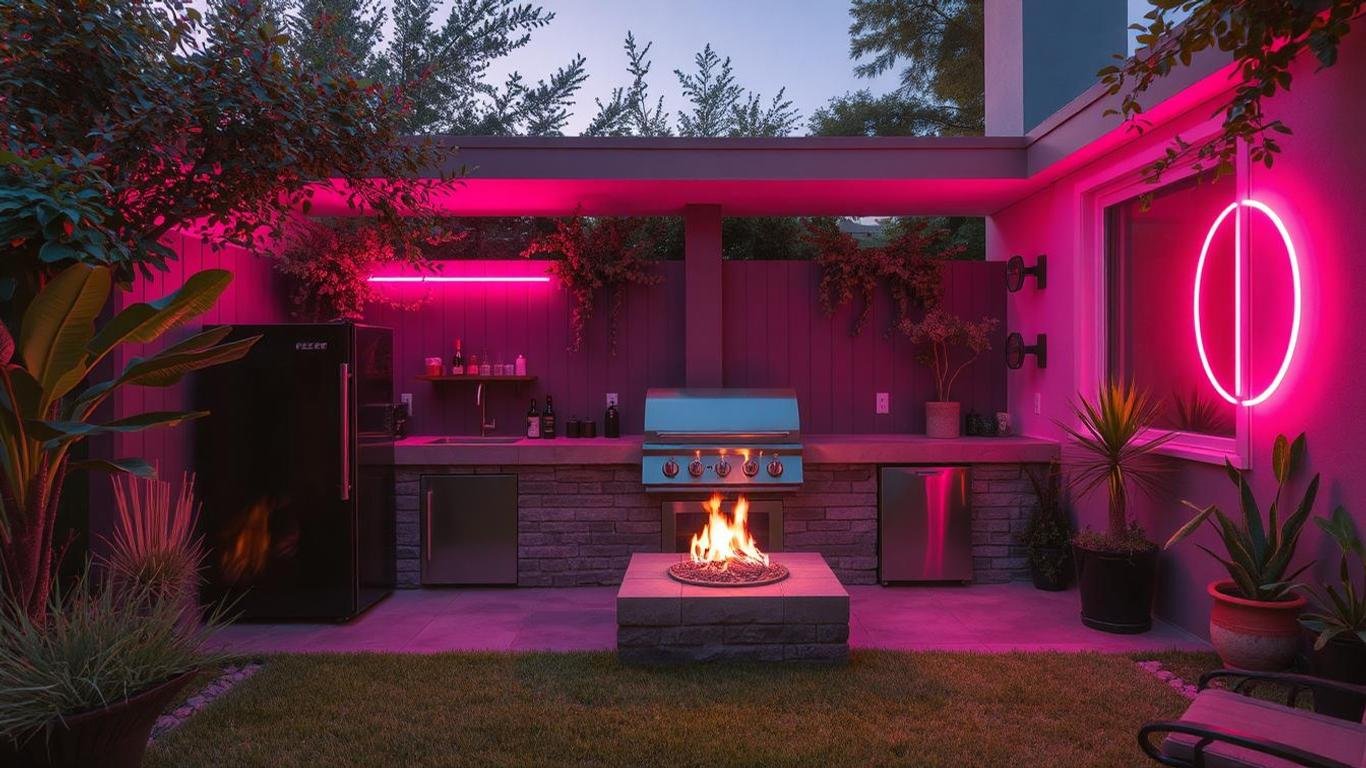 A stylish modern backyard featuring an outdoor BBQ station with a fridge, fireplace, and sink, surrounded by greenery and outdoor seating || Best Outdoor BBQ Fridge Fireplace Sink for Your Modern Backyards: Transform Your Outdoor Living Space