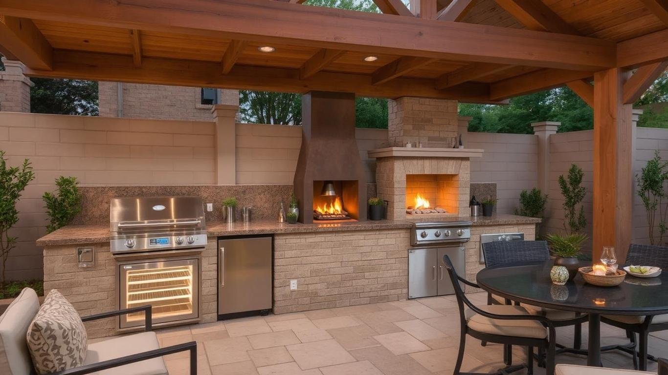 A fully-equipped outdoor kitchen with a BBQ grill, fridge, fireplace, and sink, integrated with modern furniture and lighting.