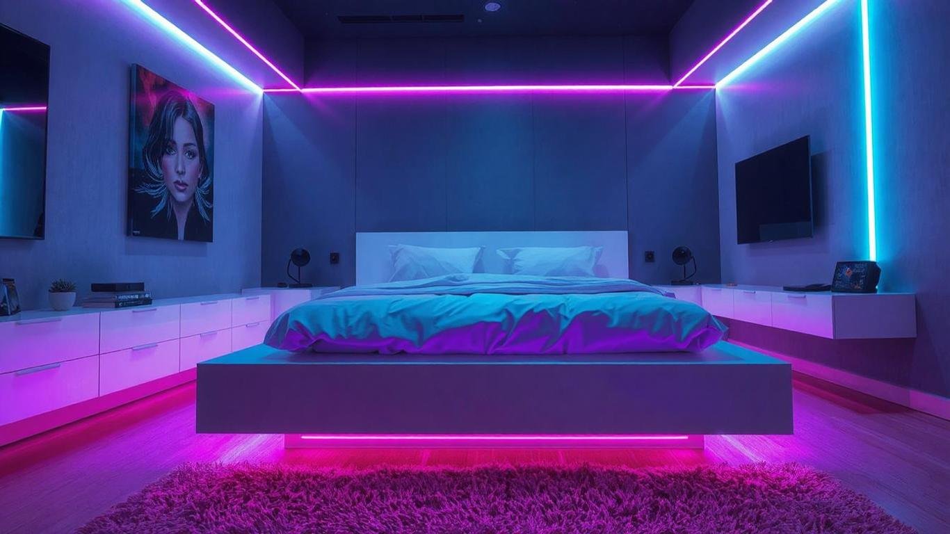 A contemporary bedroom with soft LED strip lights under a platform bed, creating a floating effect with a soothing blue glow. Luxury Bedroom Bed Light Ideas to Elevate Your Space