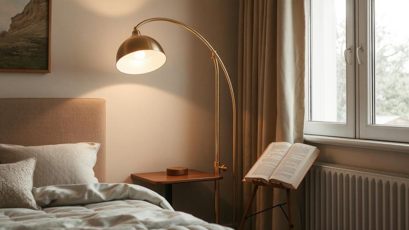 A tall arc floor lamp with a polished brass finish standing next to a cozy reading nook by the bed, casting a soft, directional light || Luxury Bedroom Bed Light Ideas to Elevate Your Space