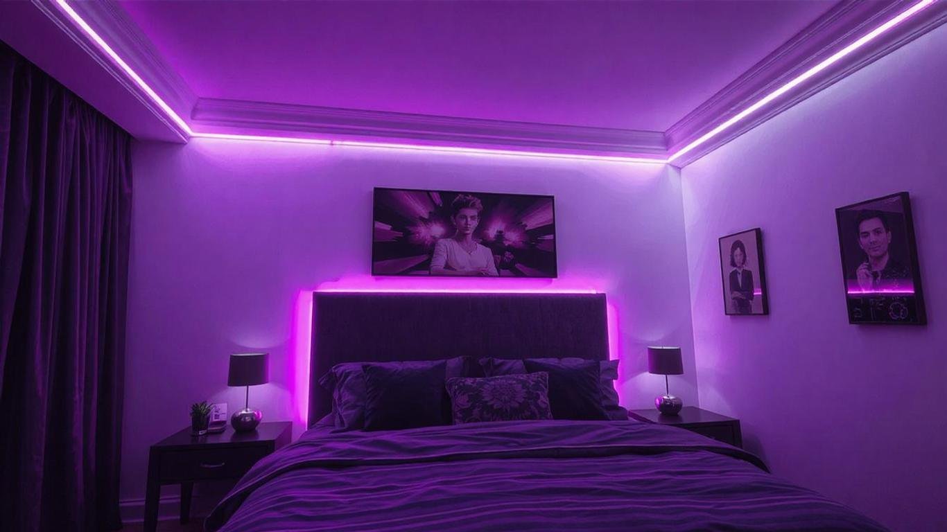 A bedroom with LED strip lights running along the headboard and ceiling molding, changing colors from purple to white with remote control || Luxury Bedroom Bed Light Ideas to Elevate Your Space