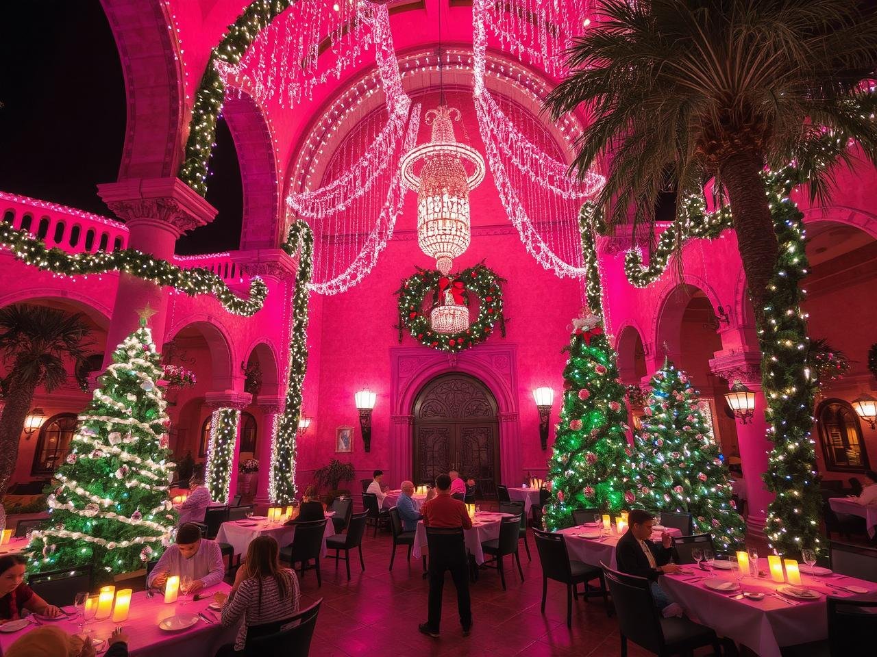 Mission Inn Restaurant, Riverside, Inland Empire A grand Spanish-style restaurant adorned with over 5 million Christmas lights, festive garlands, and illuminated arches. The Mission Inn Restaurant in Riverside showcases a spectacular 'Festival of Lights,' with outdoor dining beneath a canopy of lights and towering Christmas trees. Guests are enjoying holiday dishes at candle-lit tables, with bright ornaments and poinsettias accenting the scene || Magical Restaurants Decorated for Christmas 2024 in the Inland Empire || luxurylivingspot.com