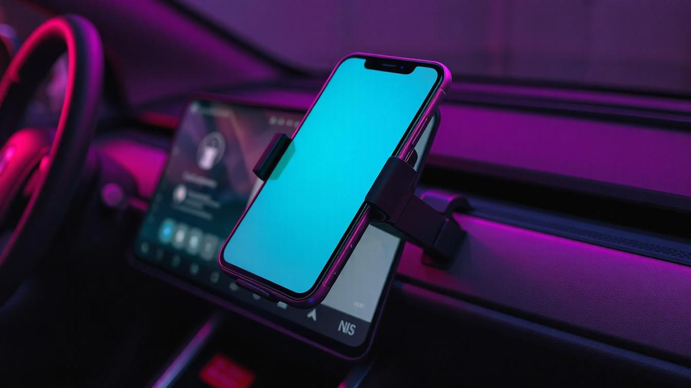 high-quality close-up of a Tesla Model 3 Highland interior featuring a sleek, custom-fit phone mount on the dashboard. The mount securely holds a modern smartphone in landscape orientation, with the minimalist dashboard design clearly visible. The mount appears as an extension of the dashboard, with no visible adhesives or clips, blending seamlessly into the car's premium interior aesthetic. The Tesla touchscreen and steering wheel are partially visible in the background