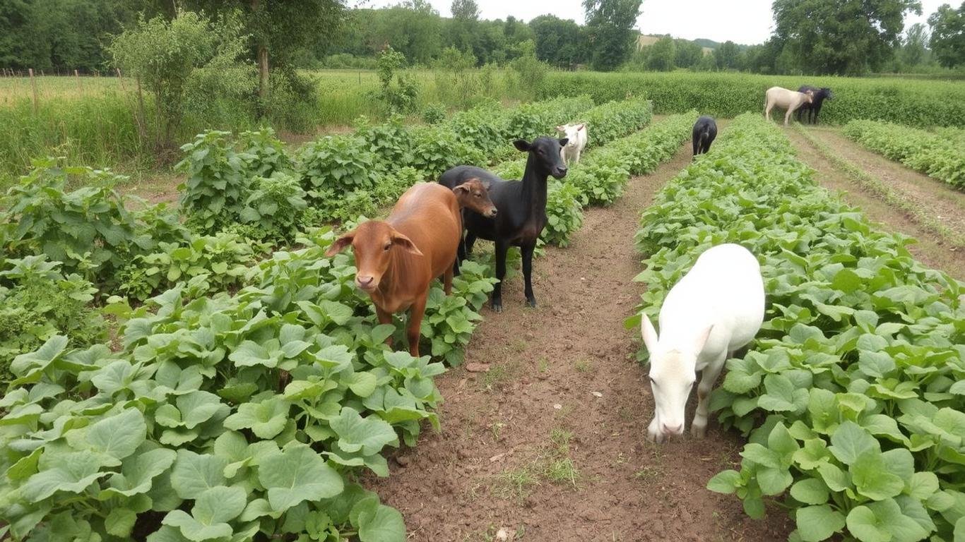 A sustainable farm with diverse crops and livestock integrated into the ecosystem || Smart agricultural technology, including drones and sensors monitoring crops