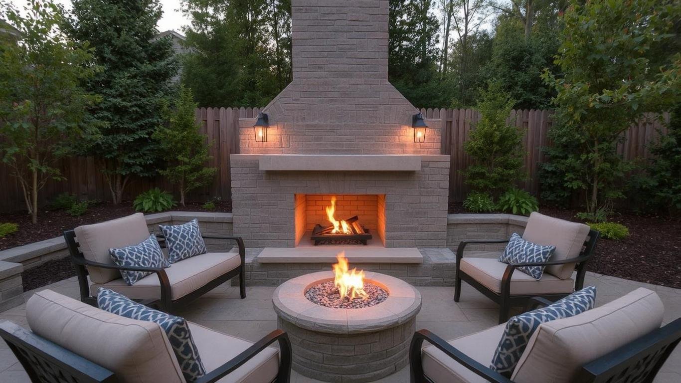 A cozy outdoor fireplace surrounded by comfortable seating, glowing with a warm fire, perfect for evening gatherings || Best Outdoor BBQ Fridge Fireplace Sink for Your Modern Backyards: Transform Your Outdoor Living Space