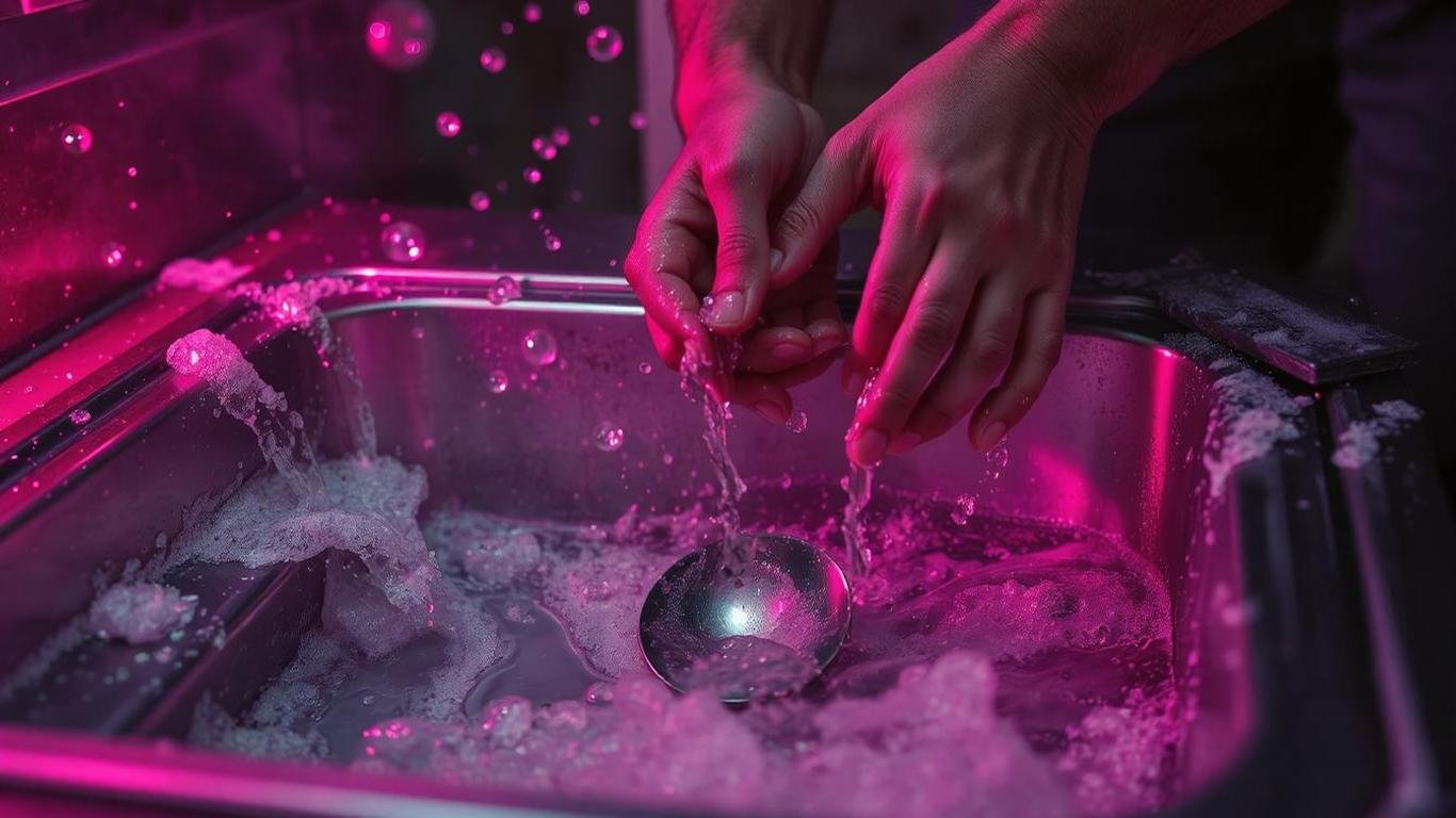 A detailed image of a person cleaning BBQ utensils in an outdoor sink with soap bubbles and water splashing || Best Outdoor BBQ Fridge Fireplace Sink for Your Modern Backyards: Transform Your Outdoor Living Space