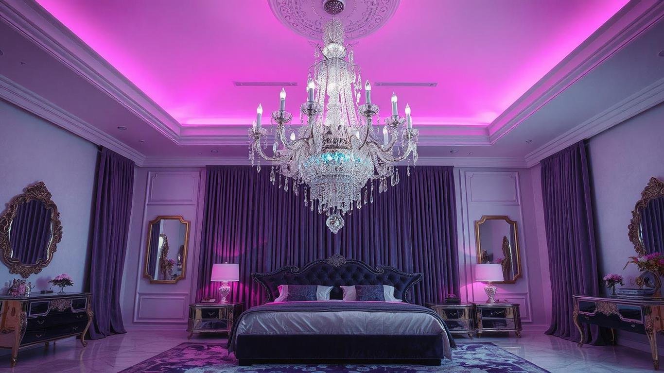 A grand crystal chandelier hanging above a luxurious king-size bed in a spacious bedroom with high ceilings, soft drapery, and velvet furnishings || Luxury Bedroom Bed Light Ideas to Elevate Your Space ||  luxurylivingspot.com