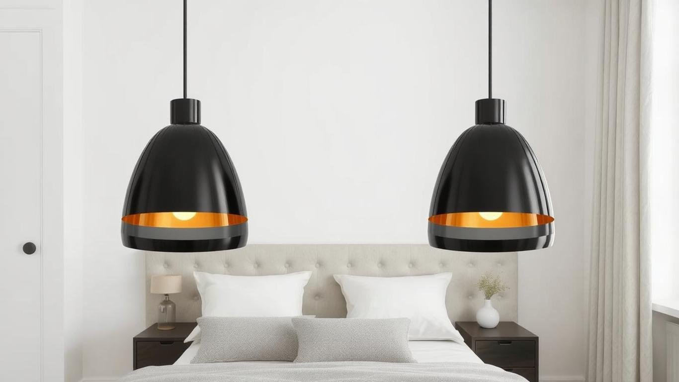 A pair of sleek black pendant lights with gold interiors hanging above matching bedside tables in a modern, minimalist bedroom with a neutral color palette. Luxury Bedroom Bed Light Ideas to Elevate Your Space