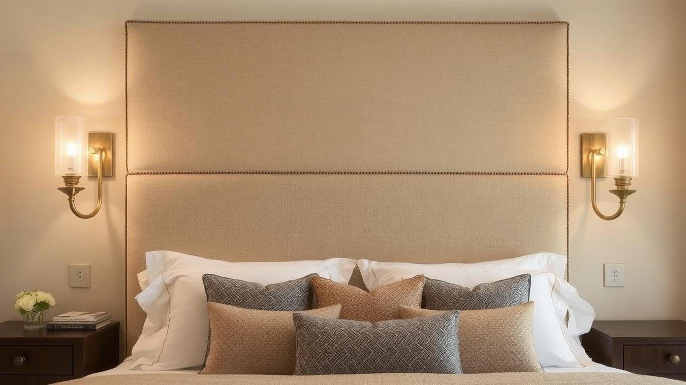 Two elegant brass wall sconces flanking a large upholstered headboard, casting a warm glow across a cozy, sophisticated bedroom || Luxury Bedroom Bed Light Ideas to Elevate Your Space