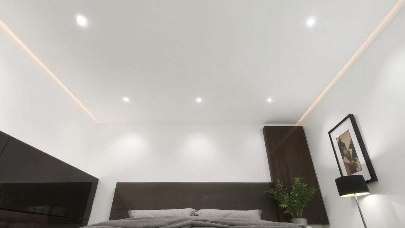 A minimalist bedroom with recessed ceiling lights creating an even, shadow-free illumination, accentuating clean lines and simple decor. || Luxury Bedroom Bed Light Ideas to Elevate Your Space