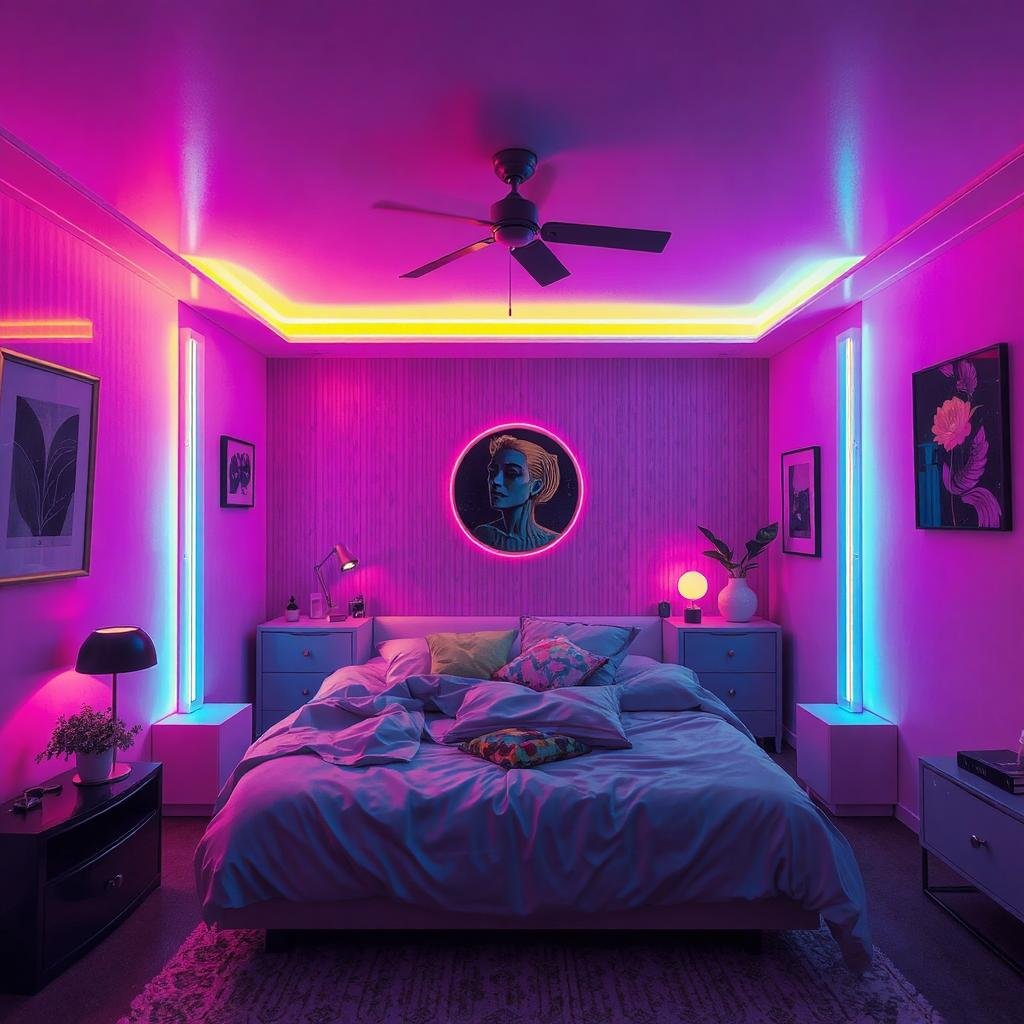 A modern bedroom featuring smart lights controlled by a smartphone, with different colors illuminating various zones—blue for relaxation, warm yellow for reading || Luxury Bedroom Bed Light Ideas to Elevate Your Space