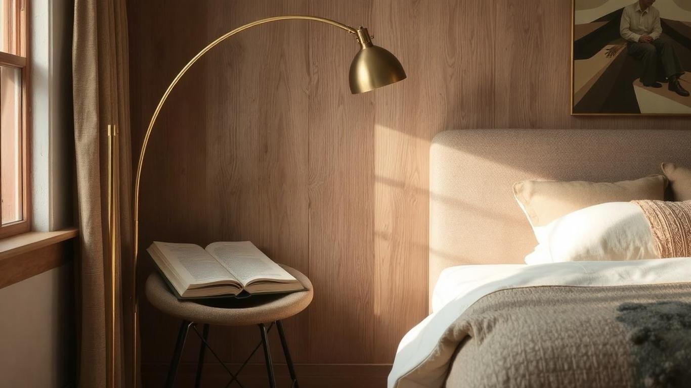 A tall arc floor lamp with a polished brass finish standing next to a cozy reading nook by the bed, casting a soft, directional light || 10 Stunning Luxury Bedroom Bed Light Ideas to Elevate Your Space || luxurylivingspot.com