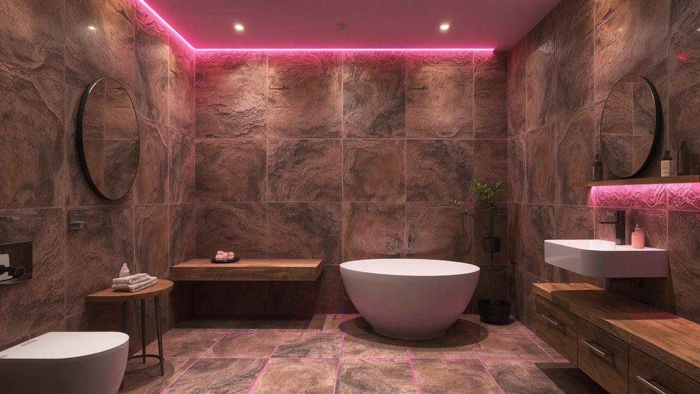 A luxurious bathroom featuring textured Fossil Canyon tiles as the backsplash. The tiles have an organic, uneven surface mimicking natural stone, with rich earthy tones that add warmth and character. The space is complemented by soft ambient lighting, rustic wooden accents, and a spa-like atmosphere.