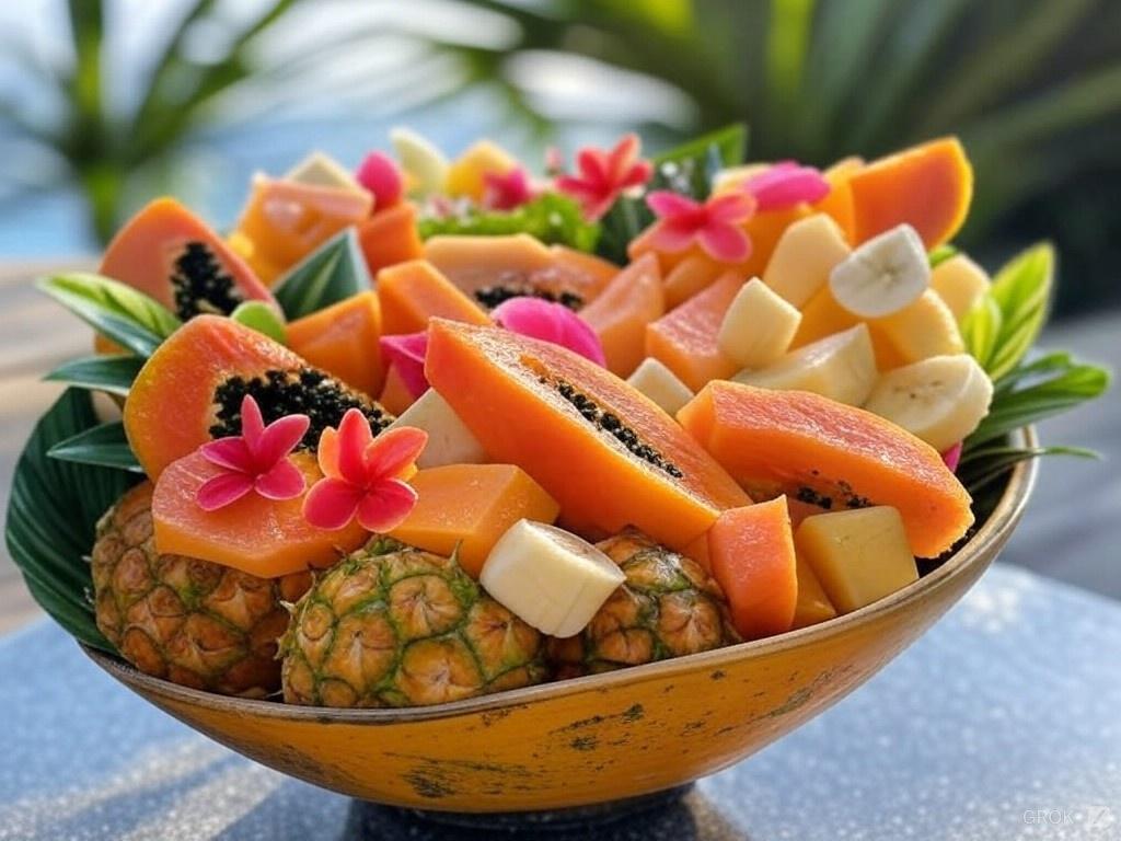 A colorful tropical fruit salad featuring papayas, pineapples, and bananas, served in a bowl with festive decorations around it.