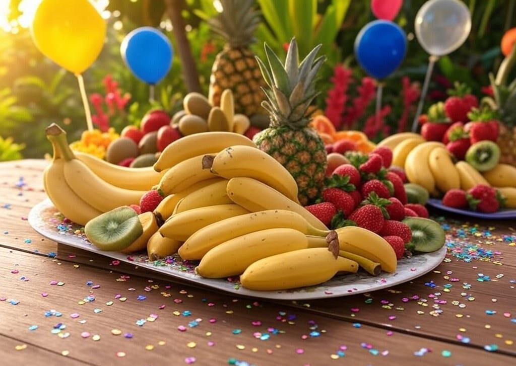 A playful arrangement of bananas on a tropical platter with other fruits, complemented by bright and colorful New Year accents.