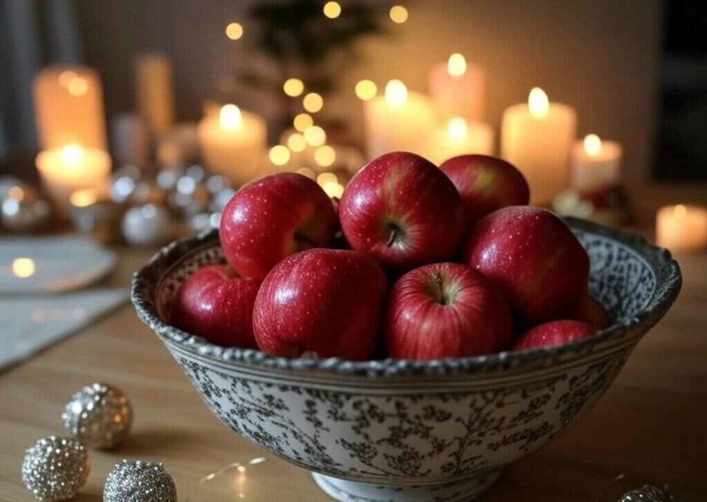 A bright and cheerful display of red apples in a decorative bowl, surrounded by candles and festive New Year decorations.