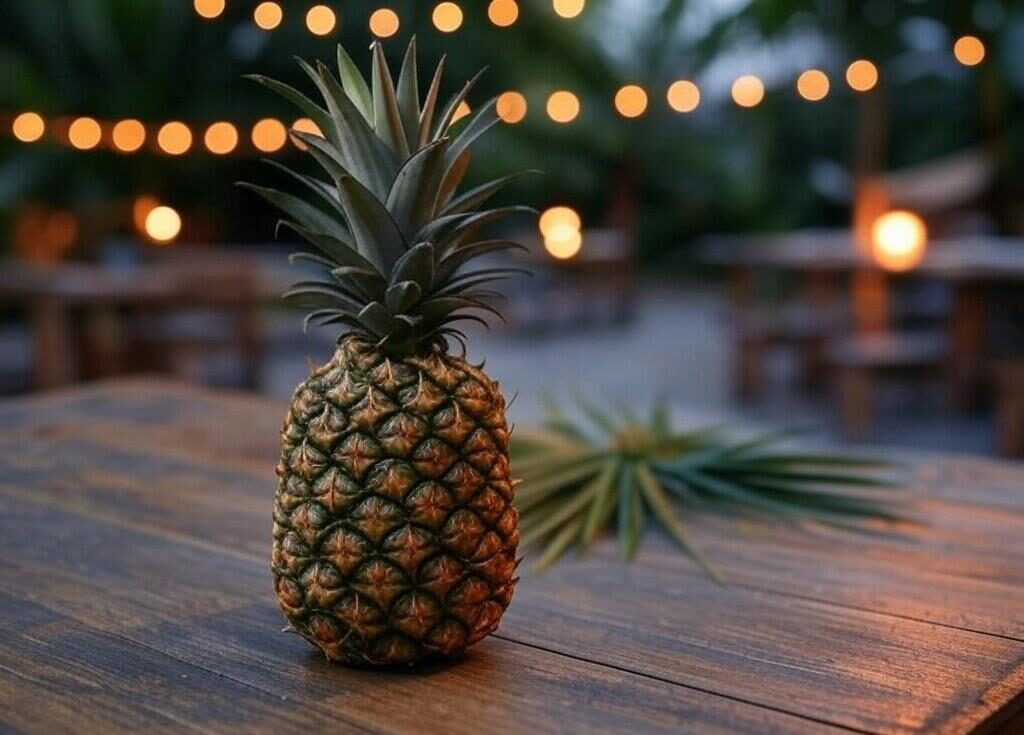 A tropical-themed setting featuring a whole pineapple as a centerpiece, with palm leaves and festive lights in the background.