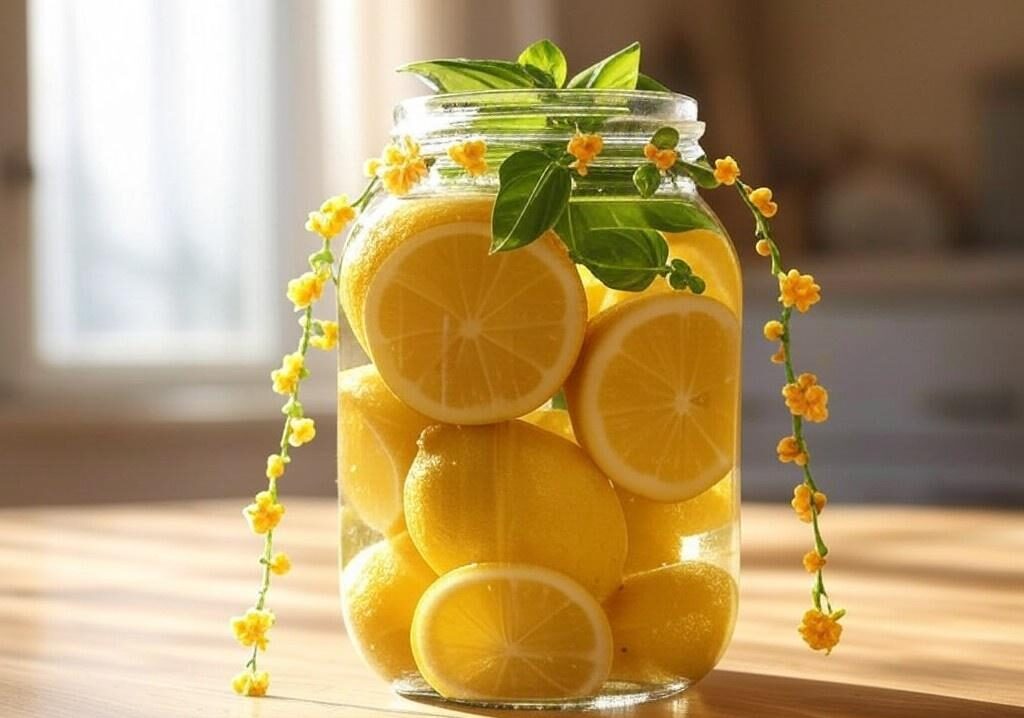 A refreshing display of lemons arranged in a glass jar, with citrus garlands and bright, sunlit decor enhancing the New Year vibes.