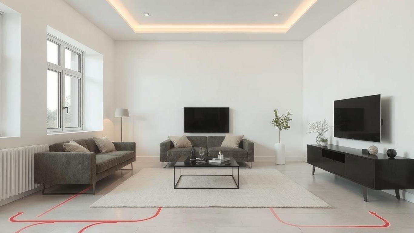 A minimalist apartment living room with sleek furniture and no visible radiators. Emphasize open spaces and clean design, with an overlay of heat radiating upward from an invisible PEX underfloor system beneath the floor.