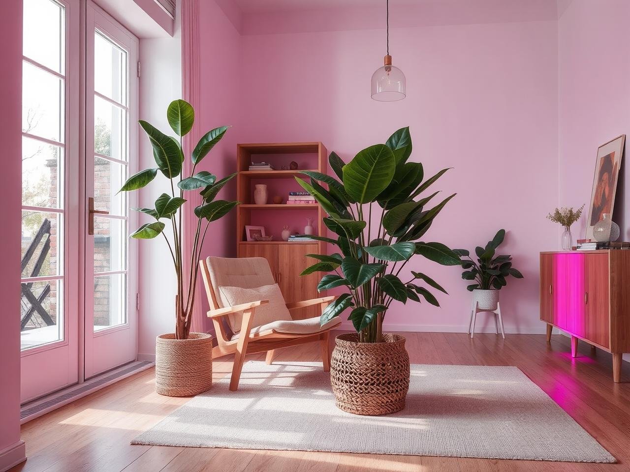 A cozy, sunlit Dutch living room with sleek wooden furniture, white walls, and large windows. A Monstera Deliciosa is placed in a woven basket planter near a mid-century modern chair, with minimal yet elegant decor accents like a light beige area rug, a bookshelf with ceramic vases, and hanging pendant lights || 18+ Best Trendy Dutch Style House Plants: How to Infuse Sophistication into Your Space || luxurylivingspot.com