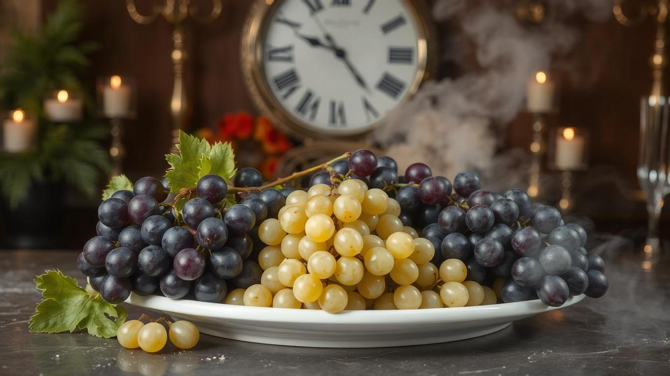 A beautiful arrangement of fresh grapes, displayed in a luxurious setting with a midnight clock in the background, symbolizing wealth and abundance for New Year celebrations || 12 Fruits for New Year 2025: Symbolism, Luck, and Festive Ideas