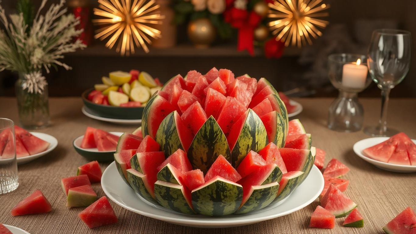 A carved watermelon centerpiece surrounded by its cubed slices, with a family-style New Year celebration in the background.