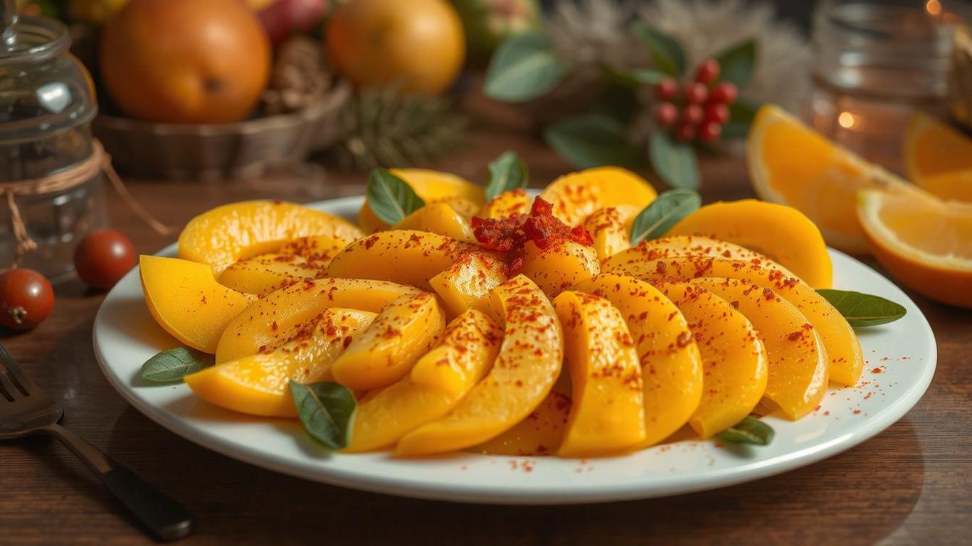 A luxurious platter of ripe mango slices paired with a sprinkle of chili powder, set against a backdrop of tropical New Year festivities.