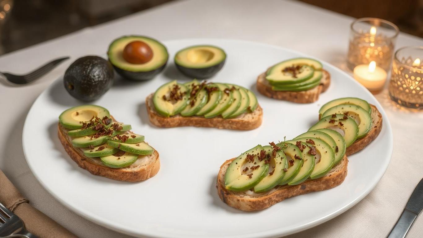 A modern display of sliced avocados on toast, presented on a sleek platter with festive table settings symbolizing health and prosperity.