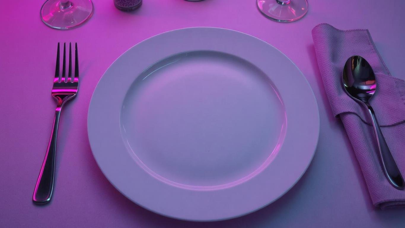 How to Set Up Silverware on a Table // Close-up of a simple table setting with a dinner plate, dinner fork on the left, and a knife and spoon on the right. A folded napkin is neatly placed to the side.