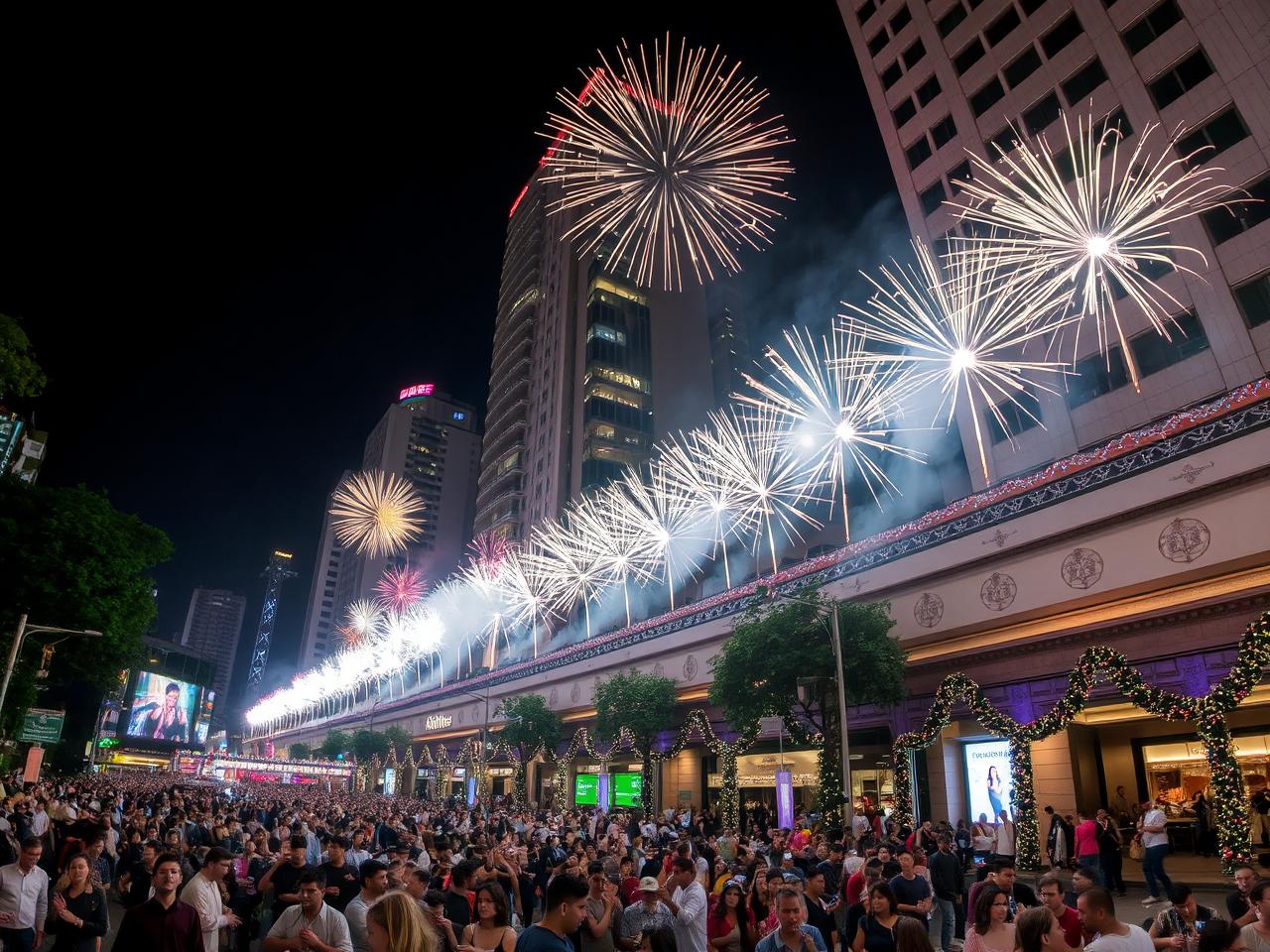 A luxurious rooftop party at Skye Bar in São Paulo, Brazil, with elegantly dressed guests, gourmet food, cocktails, and a panoramic view of the city’s sparkling fireworks at midnight. || Best Places to Celebrate New Year 2025 in São Paulo Brazil