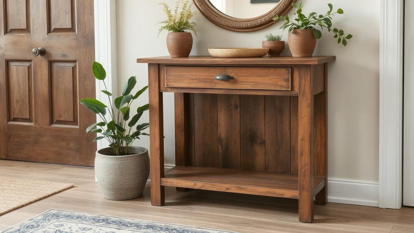 A classic wooden narrow console table with a drawer and lower shelves, styled in a rustic entryway with a mirror and potted plants.