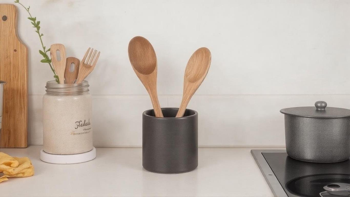 A modern, compact ceramic utensil holder in neutral colors like black or grey, slim design suitable for small kitchen spaces