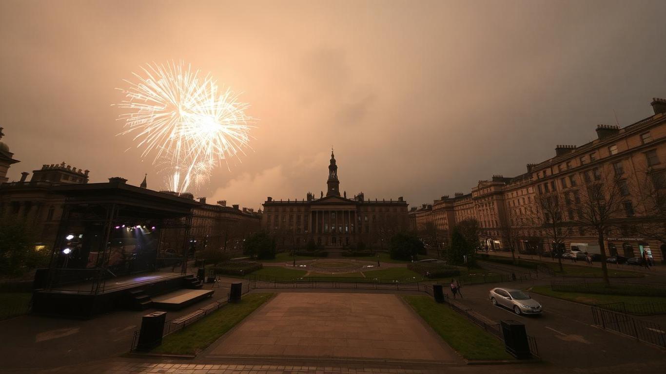 A dramatic scene of canceled New Year celebrations in Edinburgh, with empty stages, unused fireworks, and a cloudy, storm-filled sky over Princes Street Gardens || Edinburgh New Year Fireworks: Celebrations Cancelled Due to Severe Weather