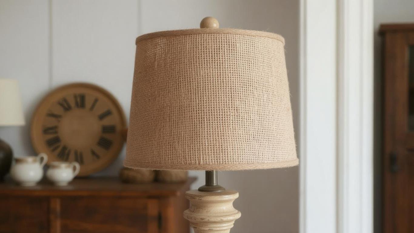 A warm, rustic burlap lamp shade with a rough texture, on a distressed wooden lamp base, set against a country-style interior.