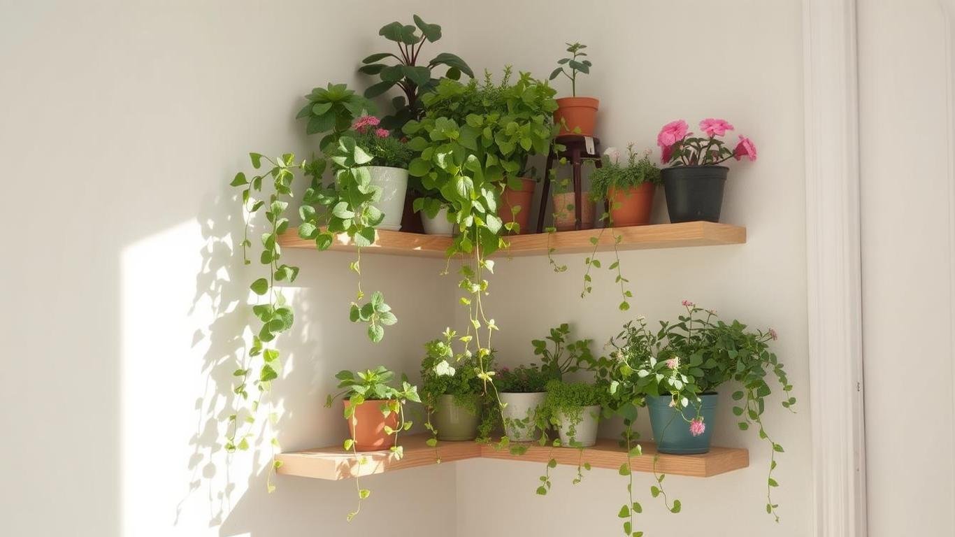 Corner floating shelves filled with vibrant green plants, including succulents, hanging vines, and small potted flowers, against a light, neutral wall with natural sunlight streaming in.