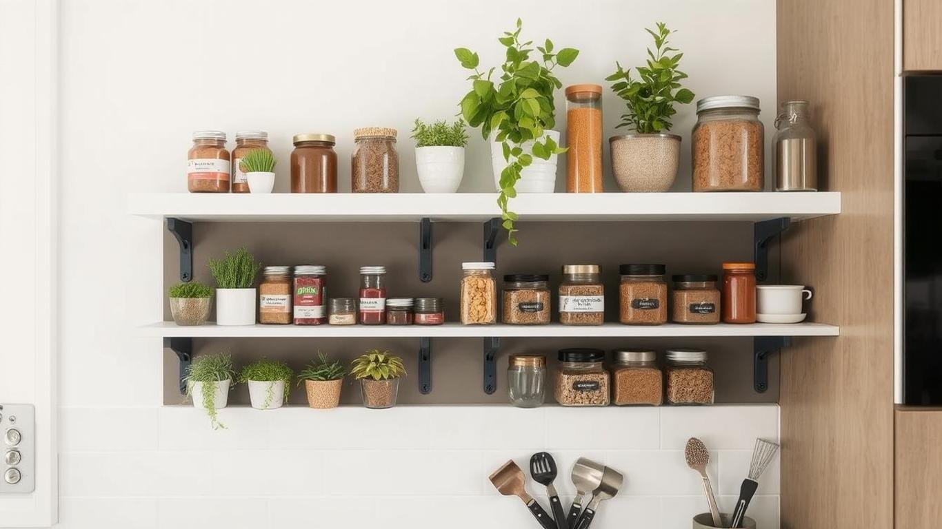 Corner kitchen shelves holding neatly arranged spice jars, small plants, and cooking accessories, complemented by a modern backsplash and kitchen tools on the counter below.