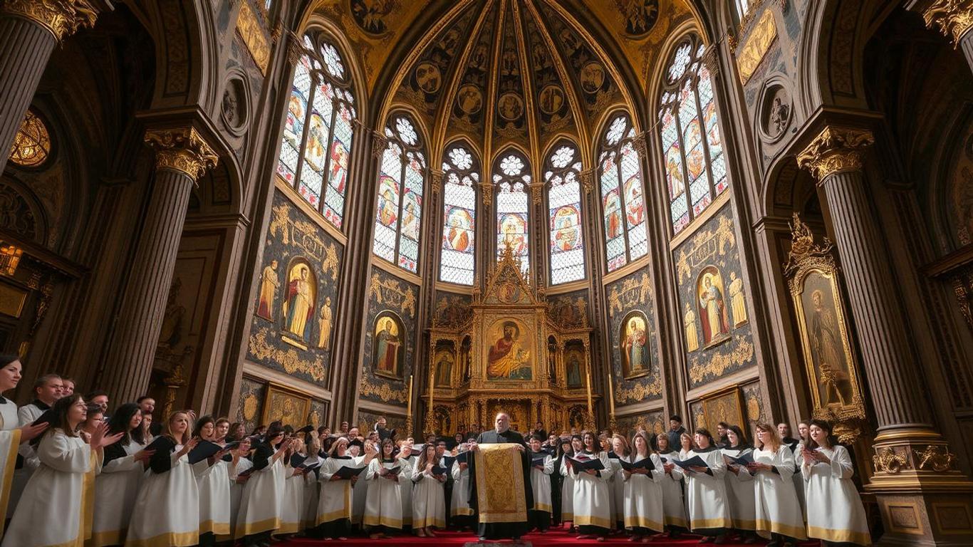 A choir performing inside a grand Romanian Orthodox cathedral, showcasing intricate stained-glass windows and golden icons || How to Stay in Romania Through Church Activities