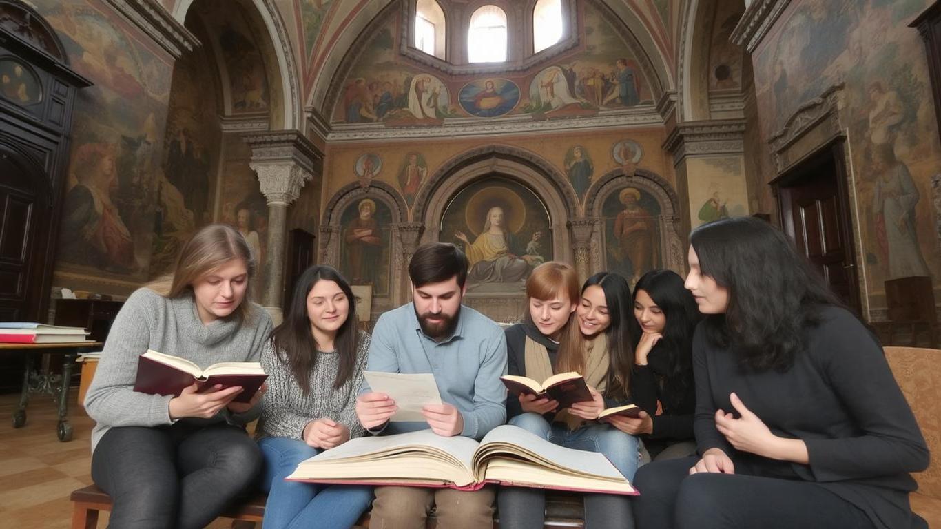 A group of international students studying theology inside a historic Romanian monastery, with detailed murals and spiritual ambiance.