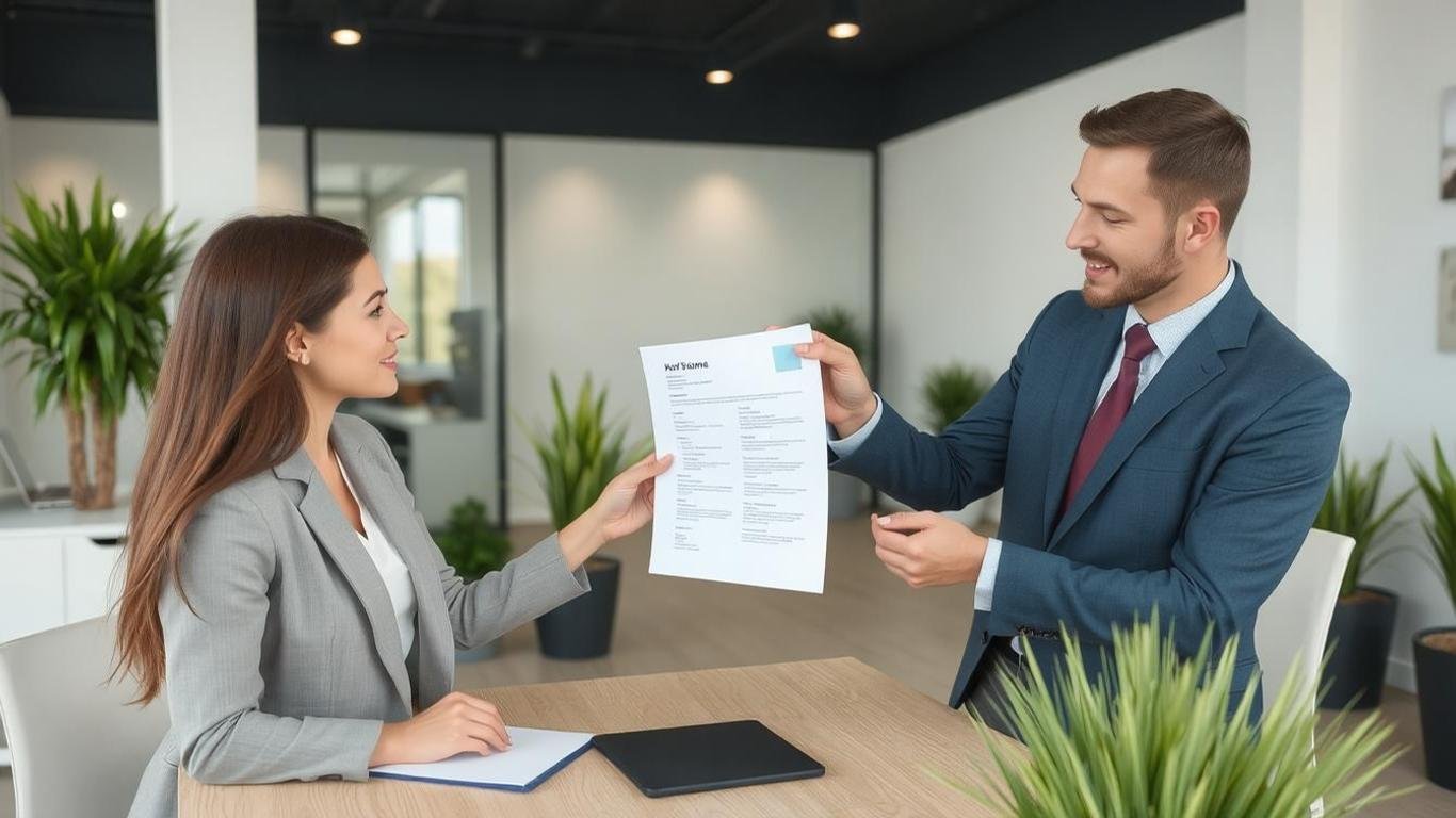 A modern landscaping company office setup with a job applicant handing over their resume to a professional, symbolizing networking and job search efforts || How to Find Landscaping Jobs Near You – Top Tips for Job Seekers