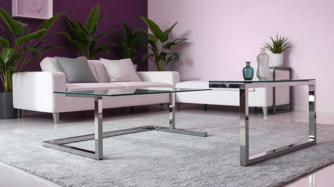 Top 10 Unique Coffee Table Side Table Sets to Transform Your Modern Home Décor || A sleek, modern coffee table and side table set with tempered glass tops and polished chrome frames. The furniture is set in a minimalist living room with a white sofa, gray rug, and green indoor plants, creating a clean and airy atmosphere.