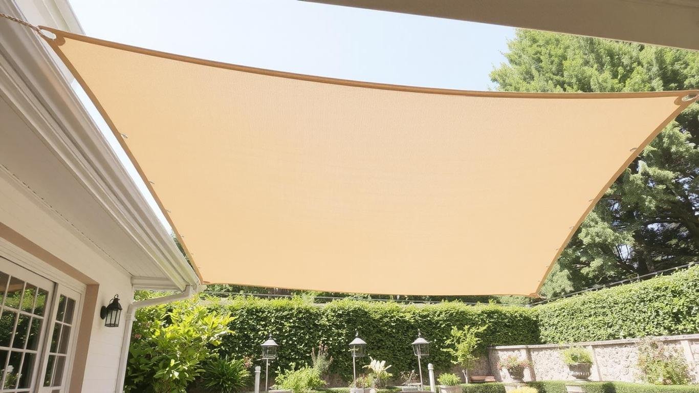 A rectangle-shaped sun shade tarp in a light beige color, installed above a patio. The tarp is made of breathable HDPE fabric, with stainless steel grommets on reinforced corners and ropes attached. The patio features outdoor furniture and a garden in the background, with sunlight filtering through the tarp.