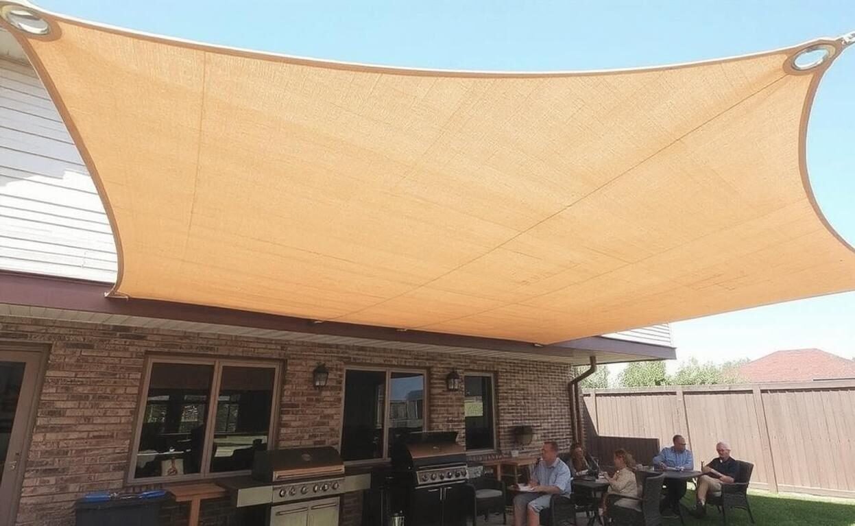 A beige rectangle tarp installed above a large outdoor workspace. The tarp has durable stainless steel grommets along its edges, with reinforced corners tied to wooden posts. Below, there is a setup of a barbecue grill and garden furniture with people enjoying the shade.