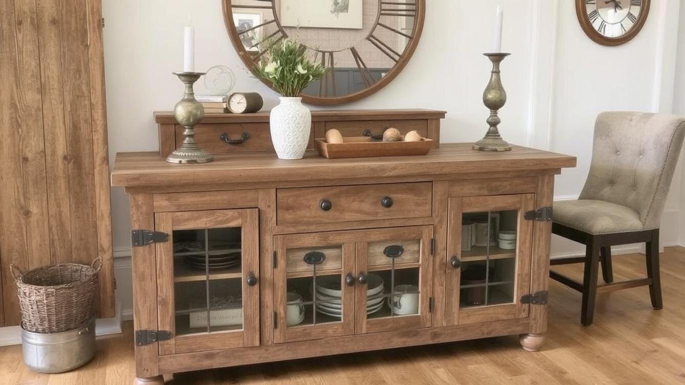 A rustic narrow console table with a distressed wood finish, metal accents, and glass-front cabinets, styled in a cozy farmhouse dining room.