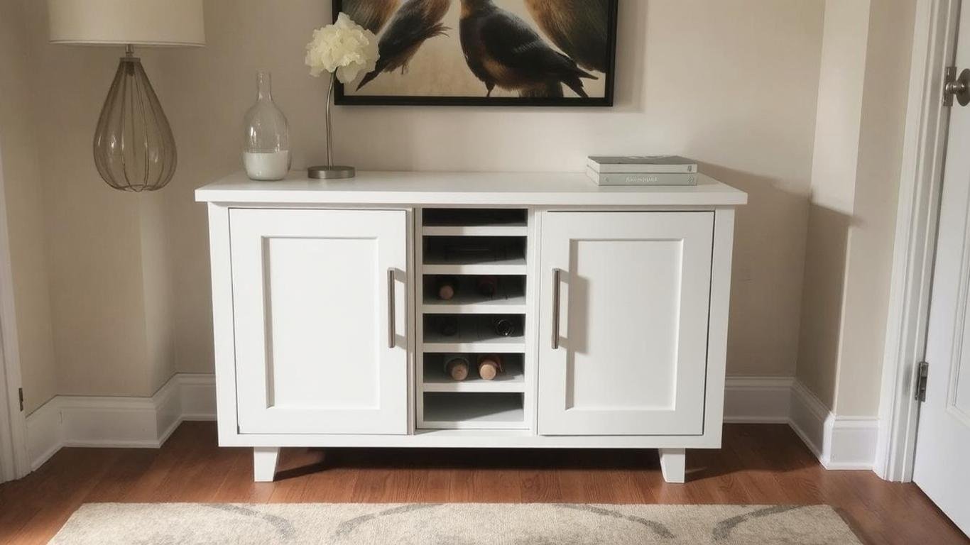 A sleek white console table with double cabinets and a central wine rack, positioned in a small contemporary dining area.