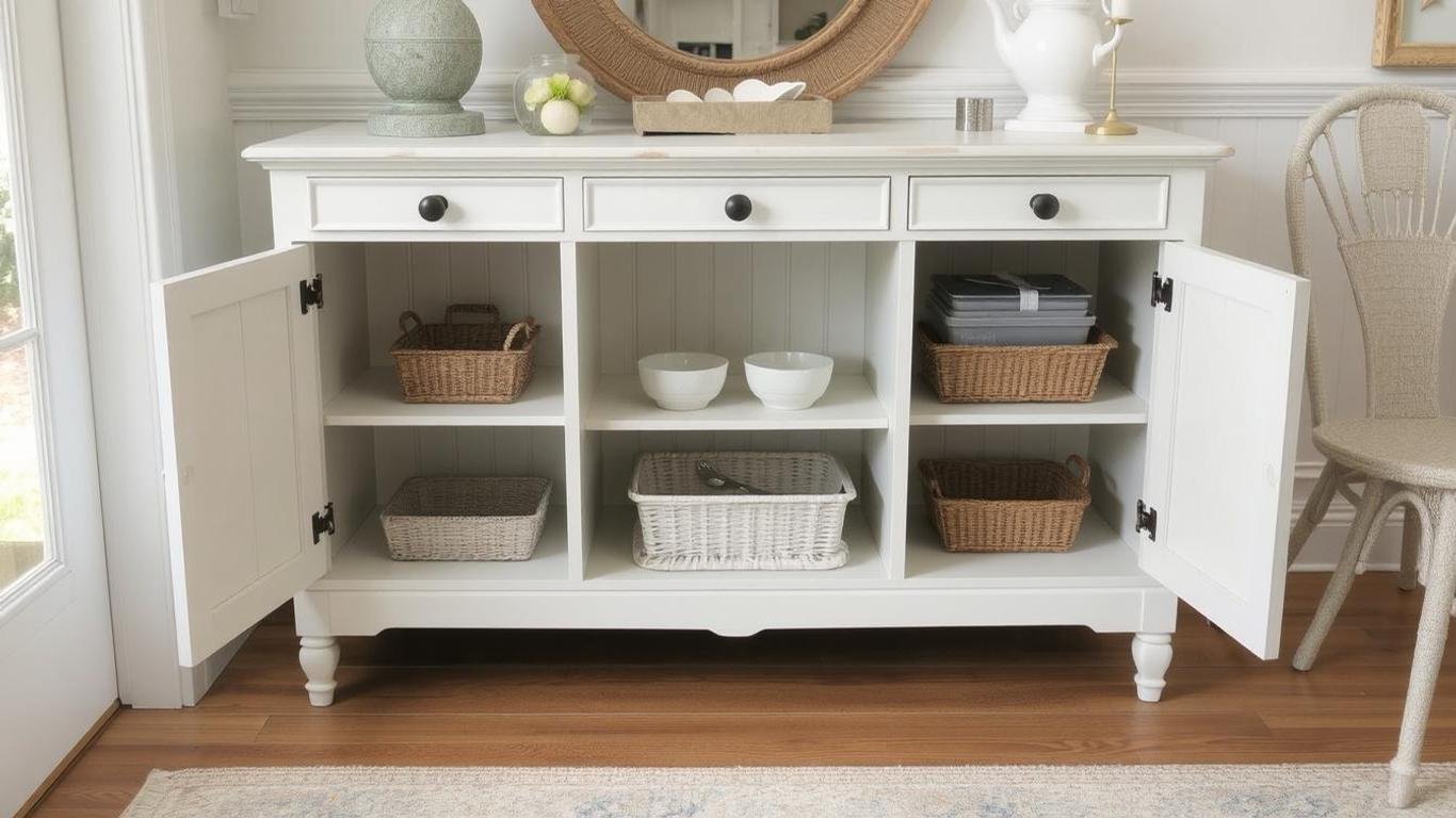 A coastal-inspired narrow buffet with beadboard accents, adjustable shelves, and drawers, placed in a beach-themed dining room.