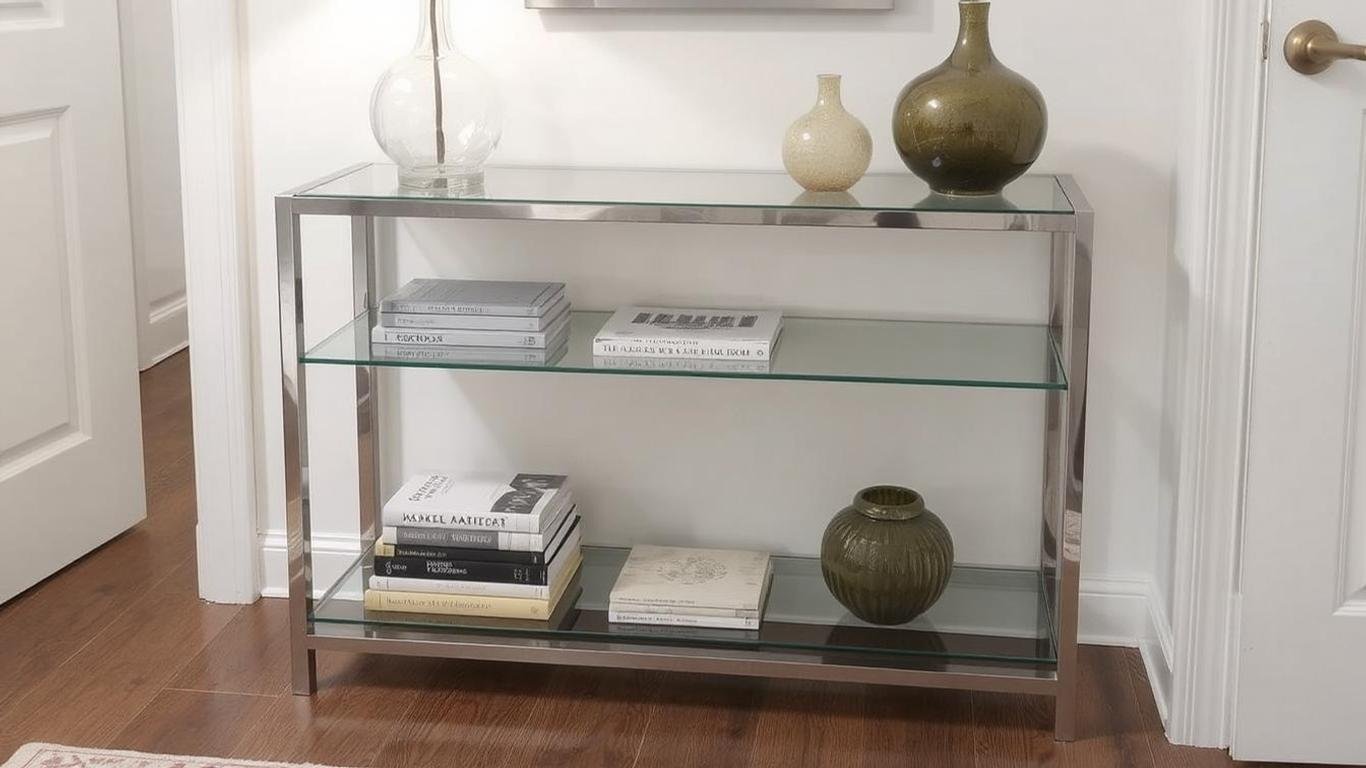 A modern narrow console table with tempered glass shelves and a metal frame, styled in a contemporary hallway with books and vases.